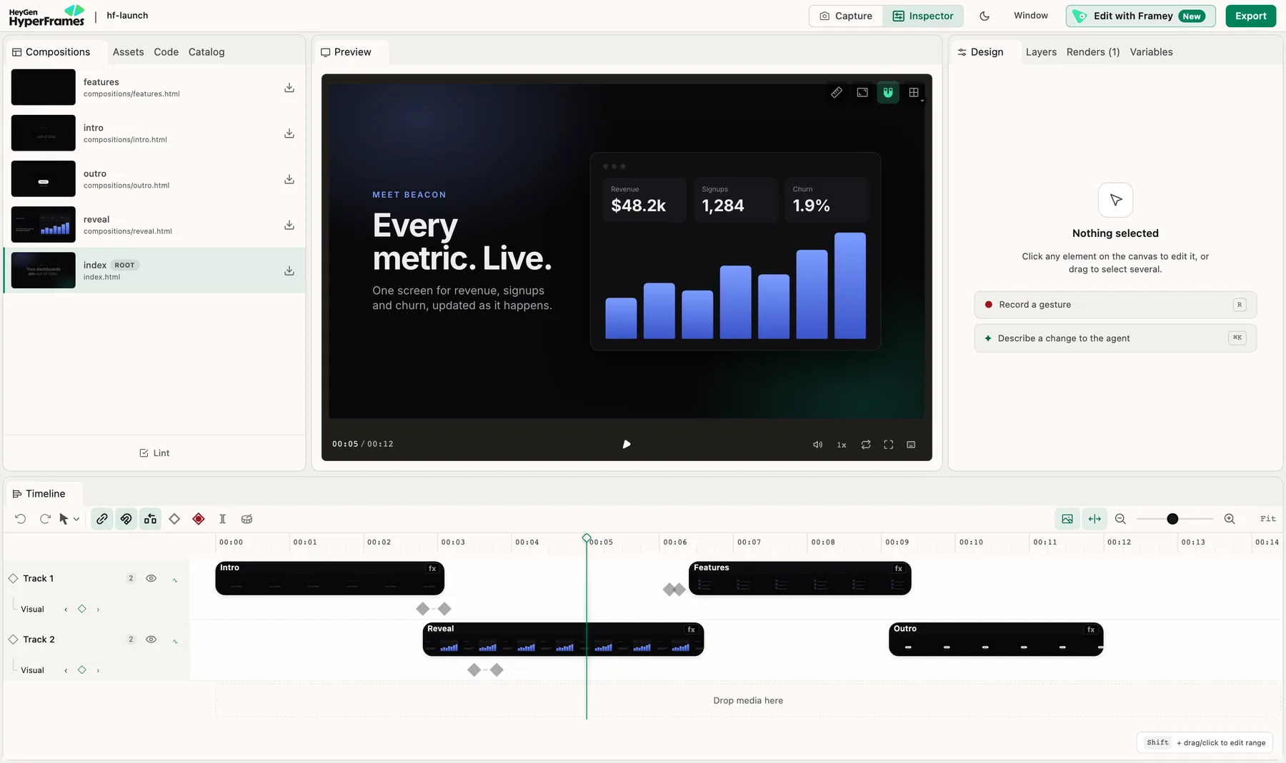 HyperFrames Studio with the launch video open: the four scenes listed on the left, the preview in the centre, and the scenes laid out on two timeline tracks