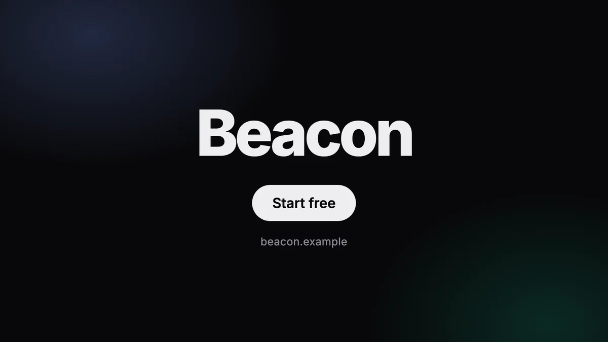 The closing scene at frame 324: the name Beacon, a Start free button and the address beacon.example