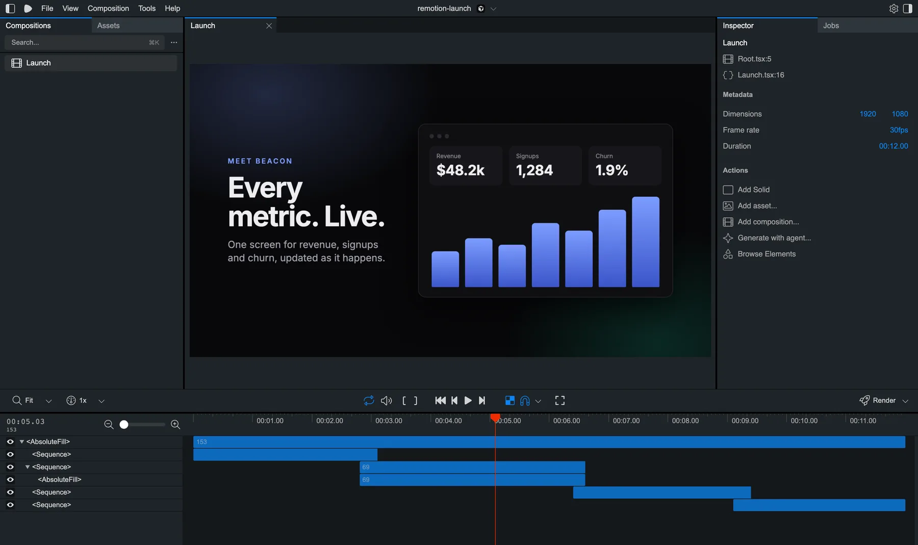 Remotion Studio with the Launch composition open: the preview showing the reveal scene, and the timeline showing each Sequence as a bar