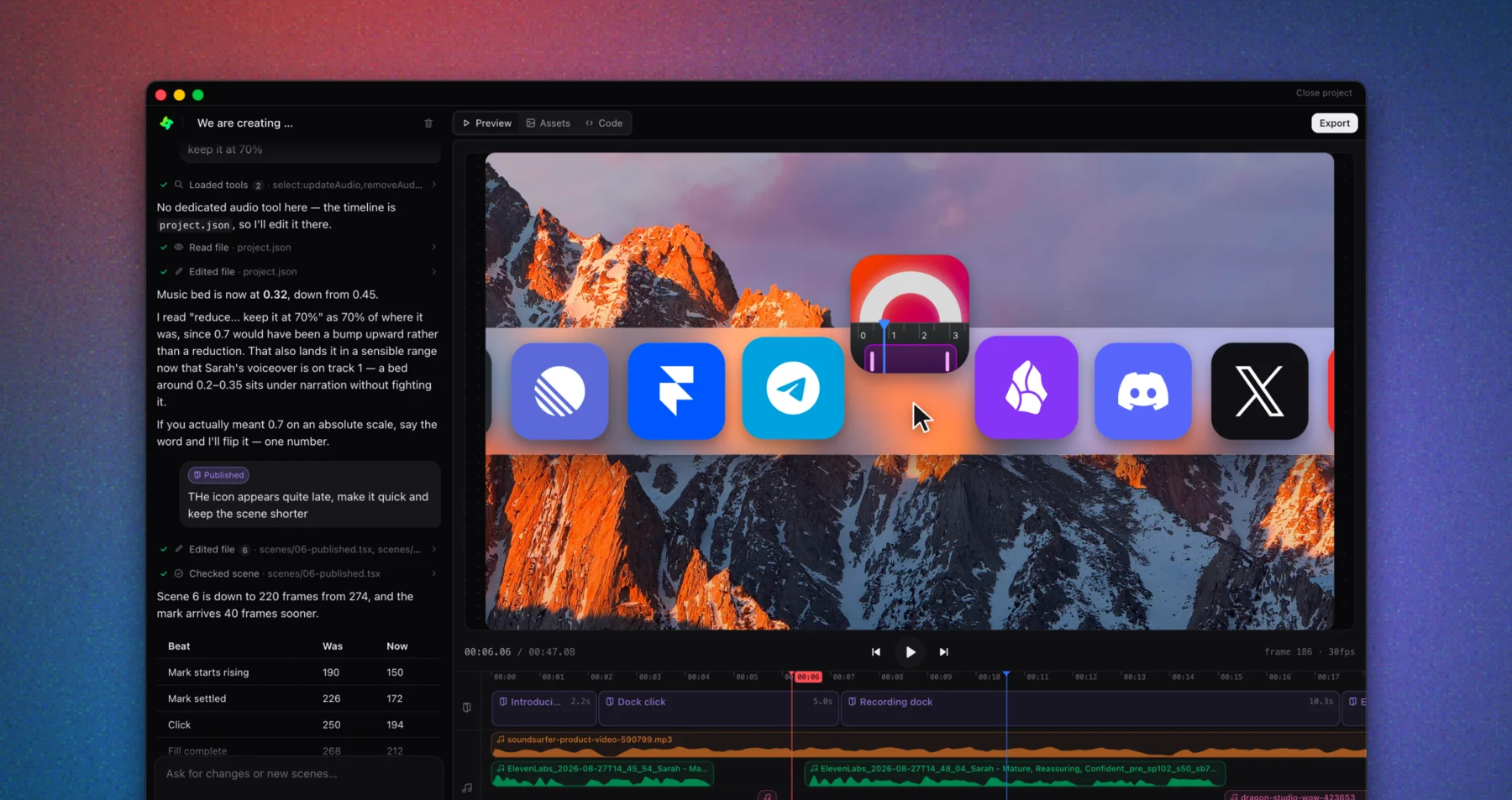GenMotion Studio: an agent chat on the left, and on the right a video preview above its timeline