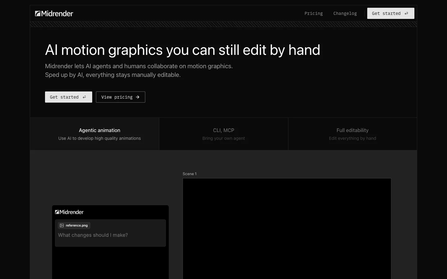 The Midrender home page, with its prompt box and scene preview