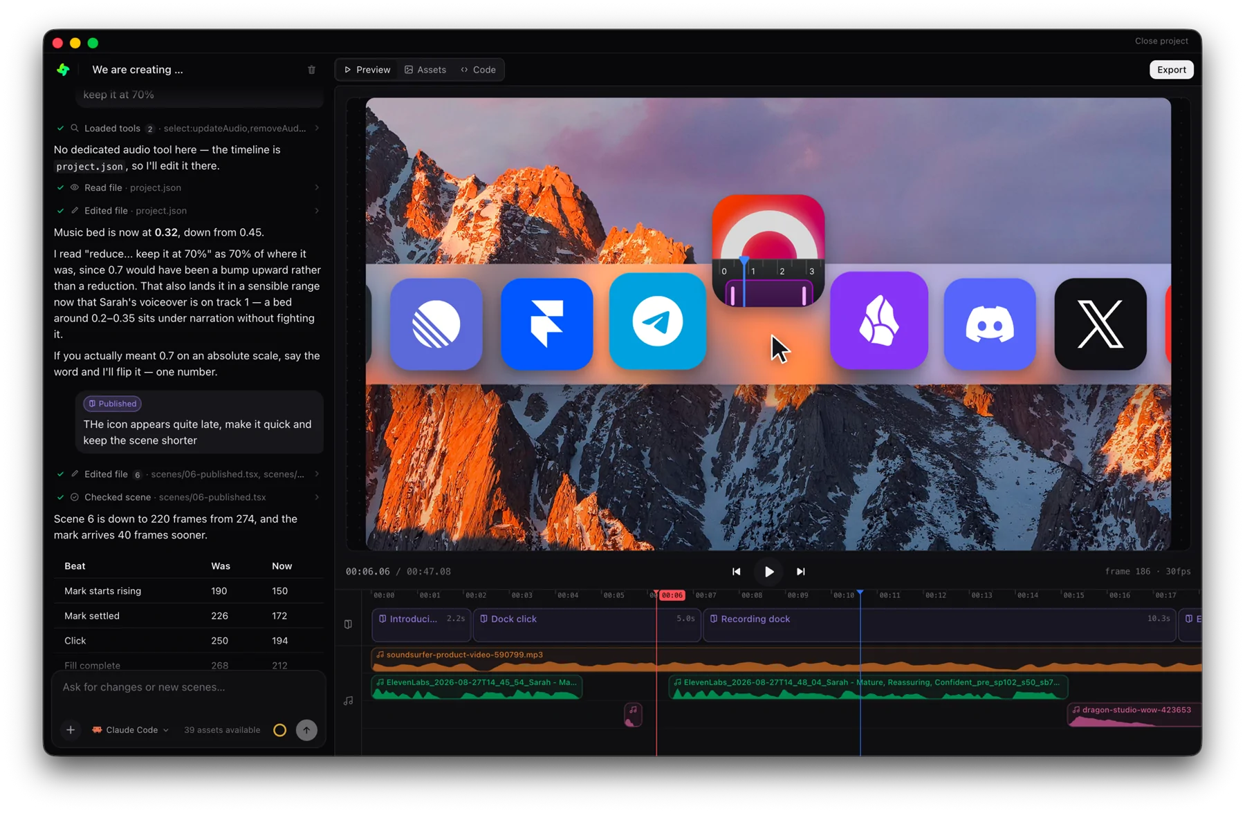 The GenMotion editor: an AI chat panel on the left, a frame-accurate preview, and a timeline of scenes and audio tracks below.