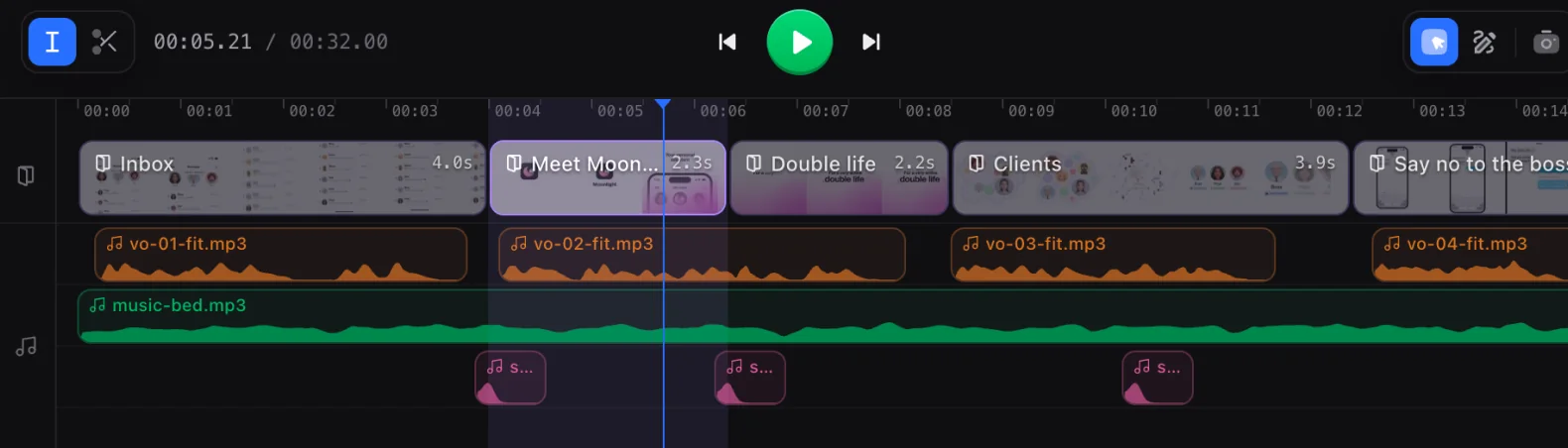 The GenMotion timeline: a row of scene clips, voiceover and music tracks with their waveforms below them, and the playhead at five seconds.